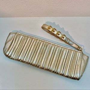 MIU MIU GOLD LEATHER LONG BUCKLE WRISTLET CLUTCH